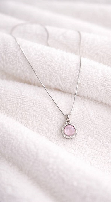 Pink Stone Round Pendant with Silver Plated Chain