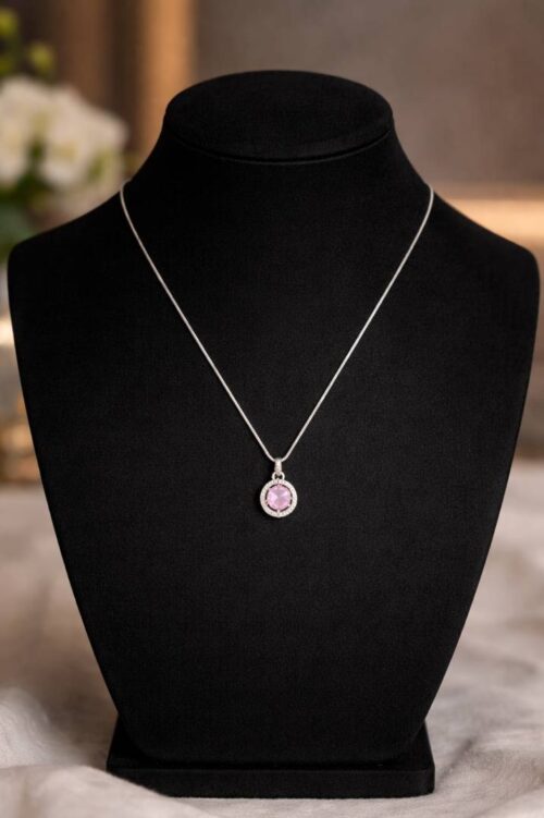 Pink Stone Round Pendant with Silver Plated Chain