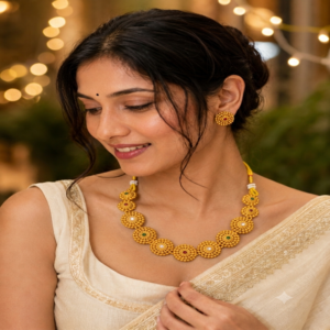 Gold-Tone Floral Beaded Necklace Set with Matching Stud Earrings